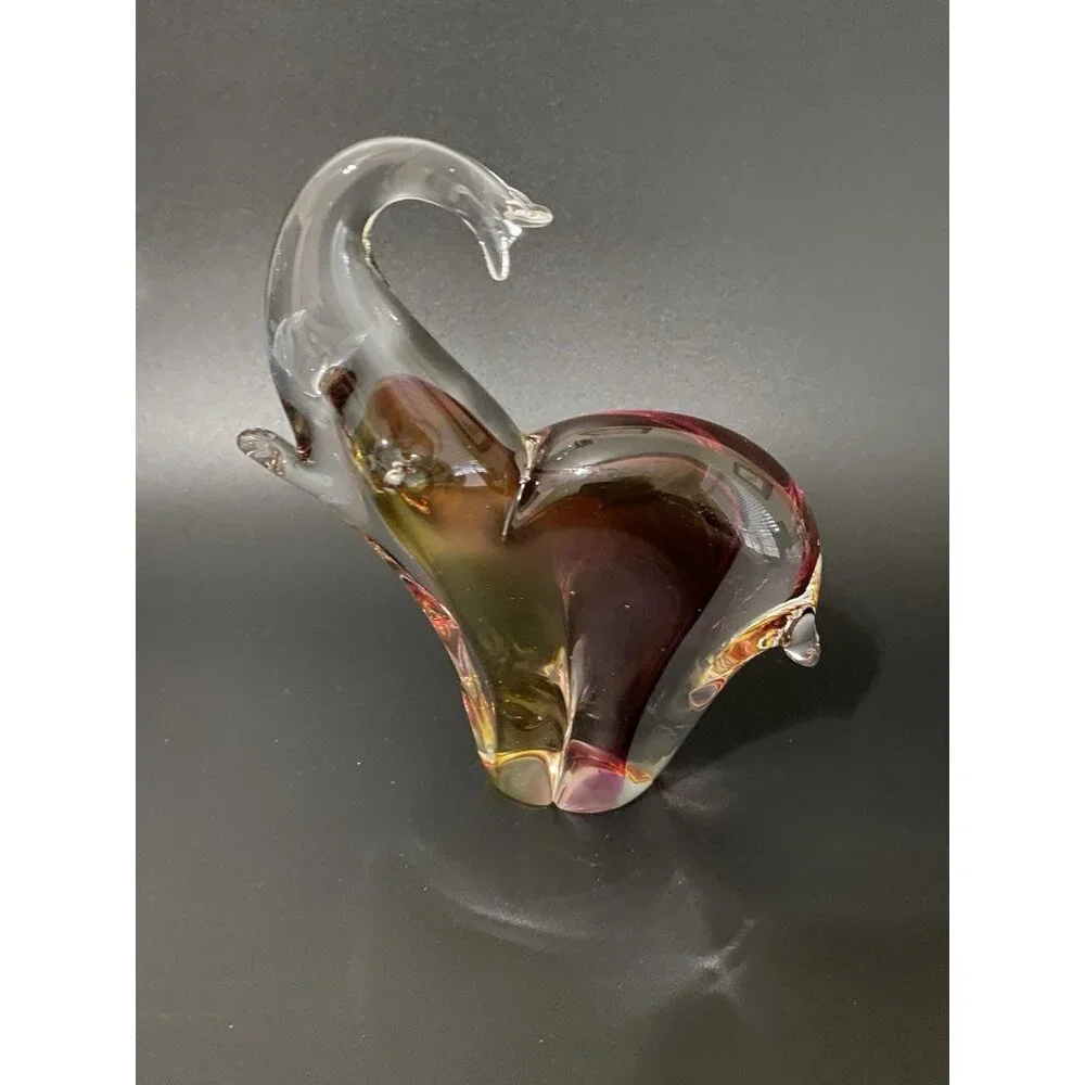 Clear Glass Elephant Figurine Paperweight Purple & Amber Collector 6